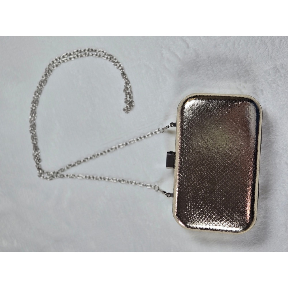 Gold Metallic Snakeskin Minaudiere Clutch Bag  Silver Chain Strap Formal Glam